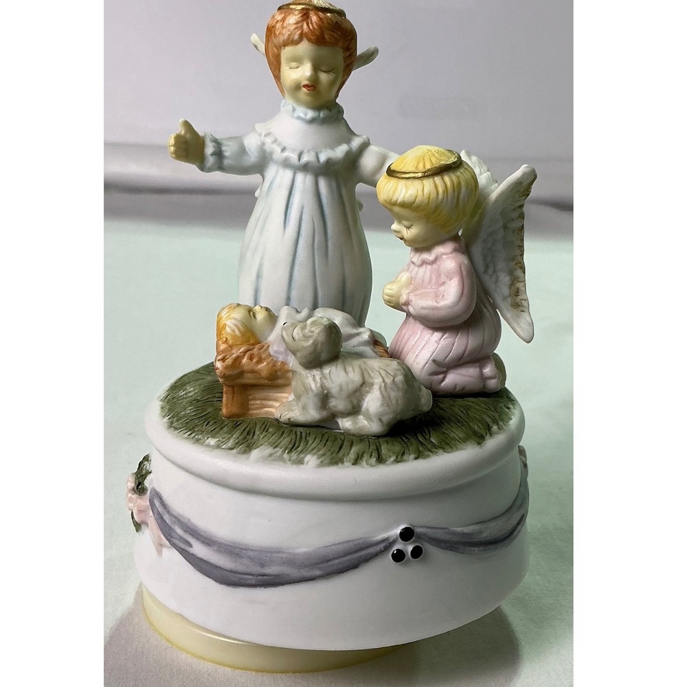 Vintage Nativity Music Box Angels Baby Jesus Christmas Decor White OS